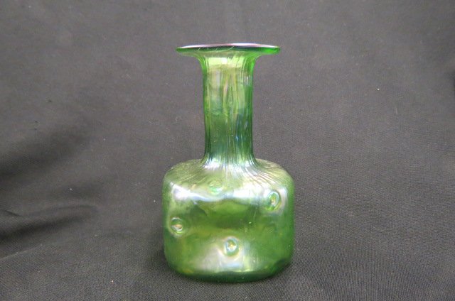 Loetz Art Glass Vase,: butterfly style finish, green iridescent, pinch body, 6", unsigned, excellent...Loetz was the premier Bohemian art glass manufacturer during the Art Nouveau period (or Jugendstil, as it was called in