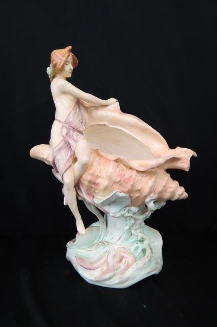 Royal Dux Art Nouveau Porcelain Figural Vase,: young maiden with shell & aquatic designs, 17" tall, excellent..Royal Dux is the more common name for the Duxer Porzellanmanufaktur, which was founded by E. Eichler in Dux, Bohemia (now Duchov, Czech 