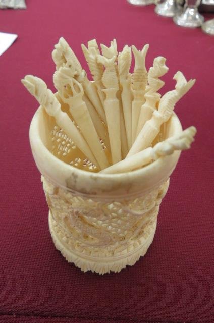 Carved Ivory Cocktail Picks & Holder, (1 of 6)