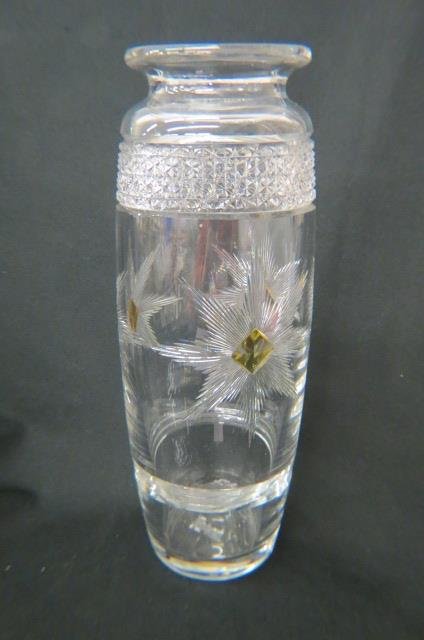 Hawkes Cut Glass & Amber Vase,: unusual amber centers in 8 point stars, signed, 12" tall..Hawkes cut glass was made by T.G. Hawkes & Company of Corning, New York, founded in 1880. The firm cut glass blanks made at other glassworks u