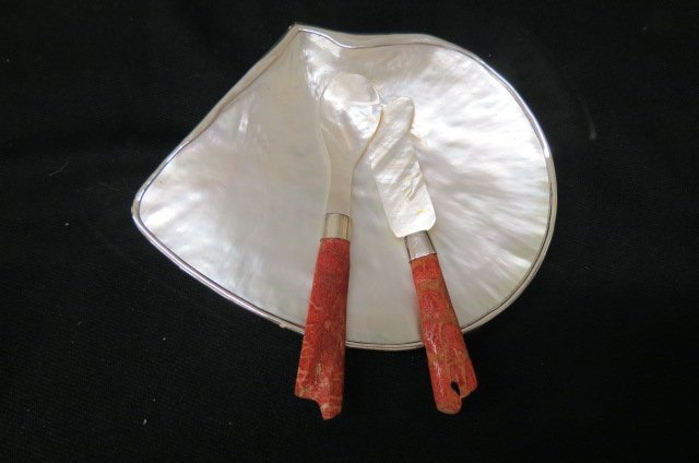 Silver, Shell & Coral Cavier Serving Set,: abalone shell with figural silver frog feet and band, serving knife & spoon have silver ferrules, coral handles and abalone ends, 5" x 6". TIP>>>>Use a mother of pearl caviar spoon or bone, gold plate