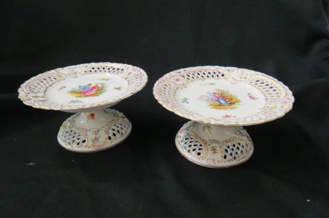 Pair of Dresden Handpainted Porcelain Compotes, (1 of 5)