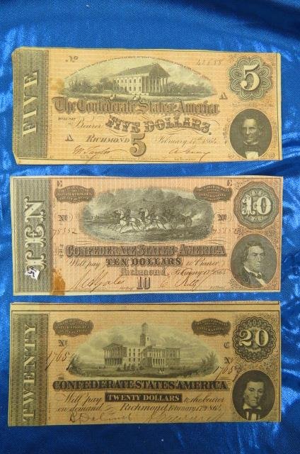 3 pcs. 1864 Confederate Civil War Currency, (1 of 2)