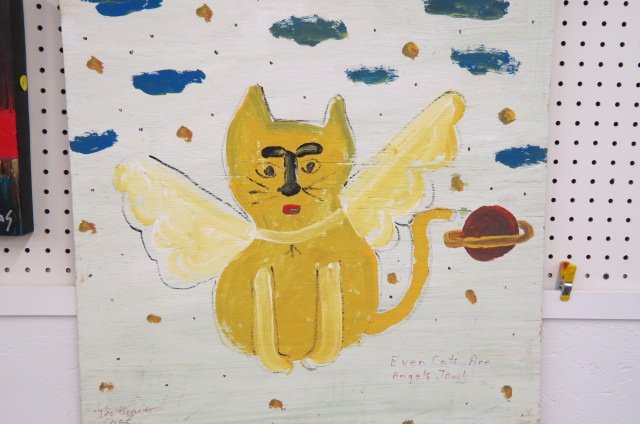 Robyn Beverland Folk Art Painting,: "Even Cats are Angels too!", deceased Oldsmar, Florida artist, signed & dated 1995, on board, 24" square...Original Signed Folk Art Painting by Robyn “The Beaver” BeverlandUnited Statescirca 1992U