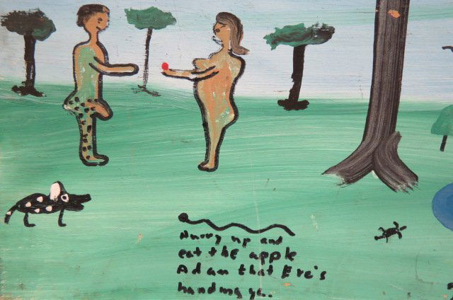 Robyn Beverland Folk Art Painting,: Adam & Eve, "Hurry up and Eat the Apple Adam that Eve's Handing You", signed & dated 1995, on board, 24" square....Original Signed Folk Art Painting by Robyn “The Beaver” BeverlandUnited Statescir