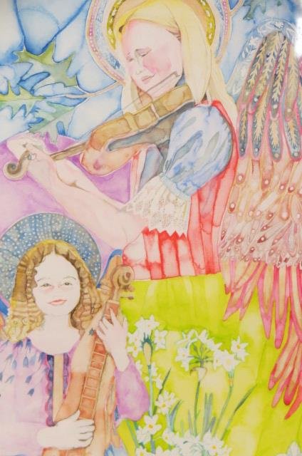 Margo Locke, watercolor,: angels playing musical instruments, North Carolina artist, 12" x 22". Margo Locke was born and raised in Lexington, Kentucky. She now resides in the Smoky Mountains in Murphy, North Carolina. She teac