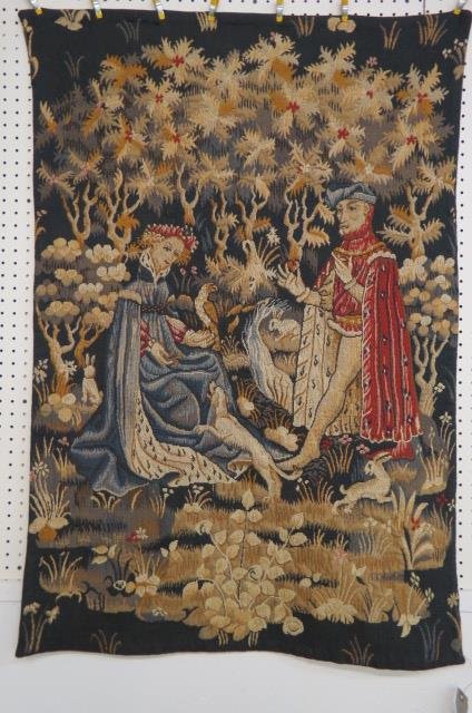 Aubusson Tapestry, couple in the garden,: surrounded by animals and birds, 35" X 50".