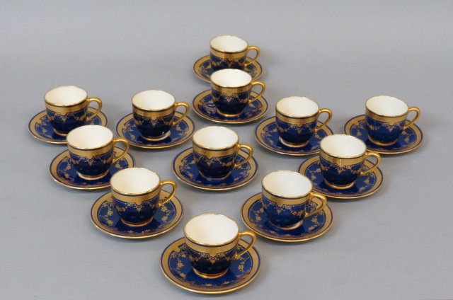 12 Lenox Porcelain Cups and Saucers,: gold encrusted on cobalt blue, demitasse size, #1306-B10, for Marshall Field Company, excellent.