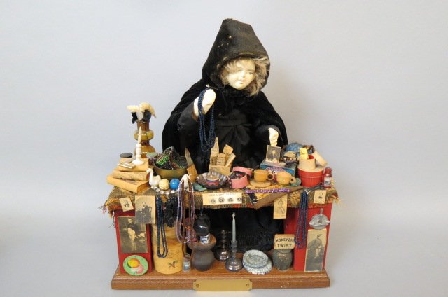 Norma De Camp Diorama of a Merchant,: 13.5" tall, 10.5" wide...........Here is her story in her own words.Years ago, probably now about 22 years ago, I was making Santas. I had been making them for about ten years ­ big ones, from 18 inc