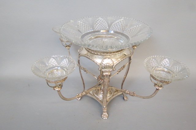 Fine English Silverplate Epergne,: shell and gadroon design, cut crystal bowls, 13" tall, 21" across....An epergne is a decorative centrepiece for the dining table. Epergnes usually have a central bowl from which spread brackets with s