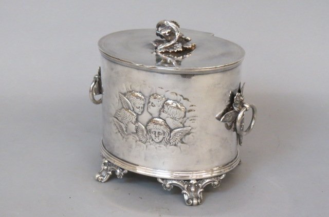 English Silverplate Biscuit Box with Cherubs, (1 of 3)