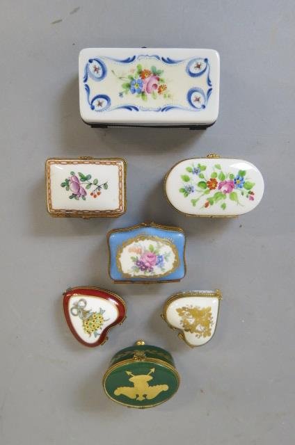 7 Limoges Porcelain Boxes,: includes rectangular, heart shape, footed and more, excellent, largest is 2"x4".