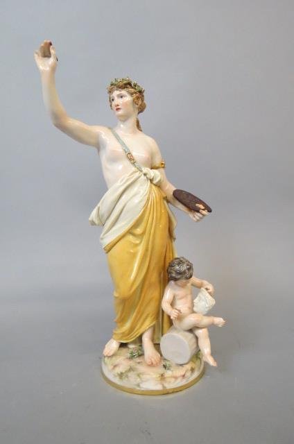 Meissen Porcelain Figurine "Arts",: semi-nude lady with pallettte and putti holding a mask, 19th century, crossed swords mark, N-100, little loss/repair....Meissen: The Allure of Continental PorcelainAAASecrecy. Deceit. Imprisonment. Th