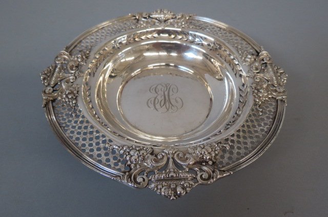 Black, Starr & Frost Sterling Silver Bowl,: elegant cornucopia & urn designs with open lattice border, 9.5" diameter, 321 grams.