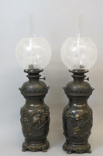 Pair of Japonisme Bronze Oil Lamps, (1 of 3)
