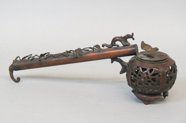 Japanese Bronze Long Handled Censer,: bird and serpent decor with vine on handle and fancy openwork pot, Meiji period, 16" long....A censer, incense burner or perfume burner (these may be hyphenated) is a vessel made for burning incense o