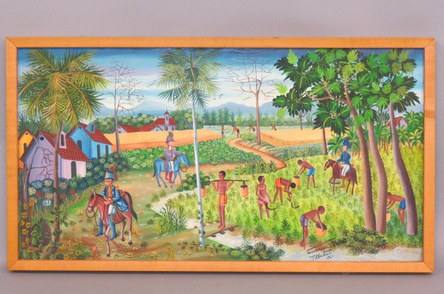 Rony Guerrier Haitian Oil Painting of Plantation: Workers, on canvas, 30" x 16".....Rony Guerrier was an art teacher in Cap Haitian (Haitien). His style remind us of the famous artist Philome Obin who painted many street scenes of the city as well