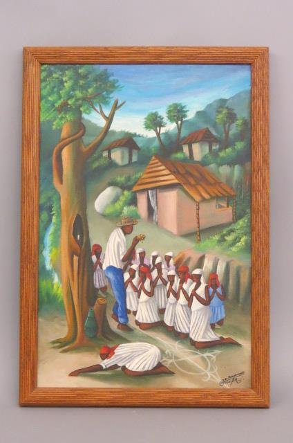 Jose D. Raymond Haitian Painting,: villagers praying, on canvas, image area 24" x 15.5".