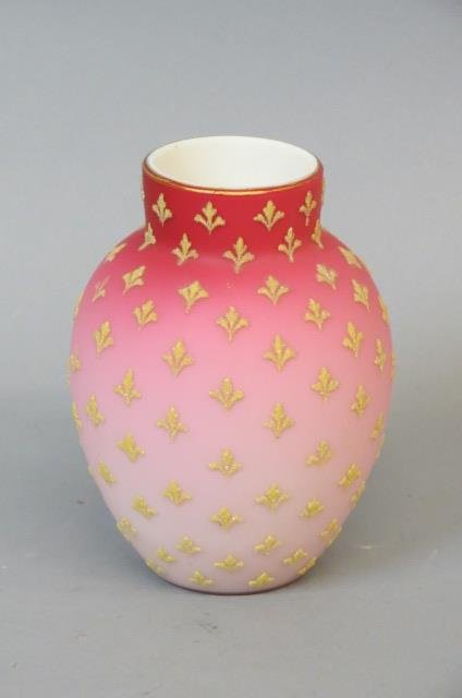 Victorian Coralene Satin Art Glass Vase,: attributed to Webb, cranberry with soft fade style, cased, 7", a beauty!....Coralene glass was a Victorian form of decoration on glass. A picture or design was painted onto the glass with "syrupy" ena