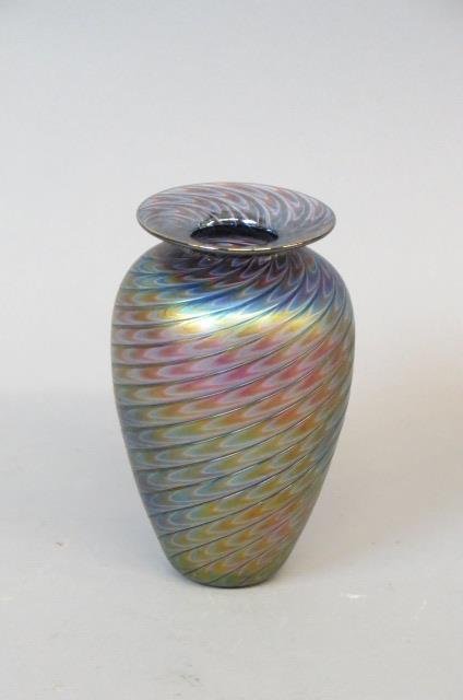 Glass Eye Studio Art Glass Vase,: peacock iridescent swirling decor, signed, 6", excellent...Glass Eye Studio® was founded in 1978 with the mission to provide young glass artists the opportunity to make a living while they develop th