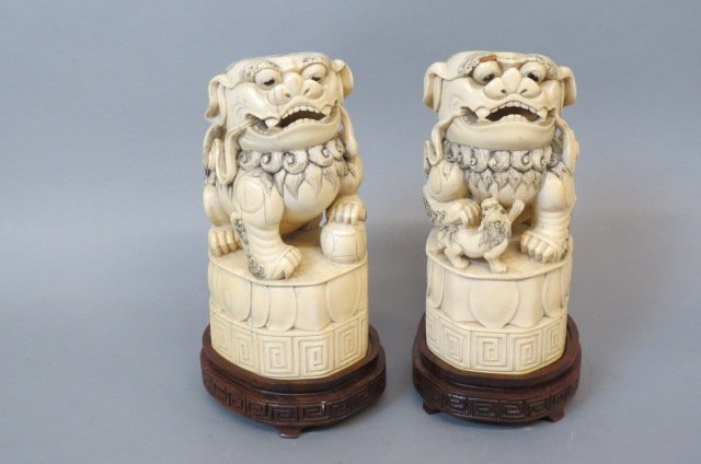 Pair of Chinese Carved Ivory Foo Dog Figurines, (1 of 9)