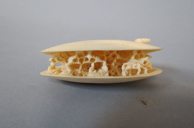 Chinese Carved Ivory Shell with Villagers Inside, (1 of 3)