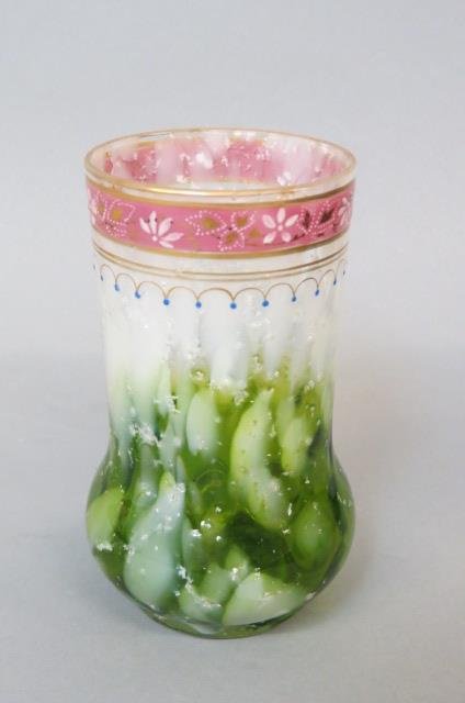 Bohemian Art Glass Tumbler,: enameled, opalescent and emerald with silver mica flecks throughout, 19th century, 5", excellent.