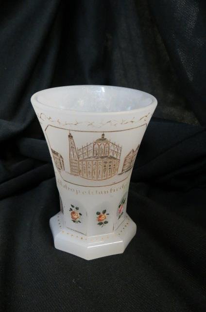 Bohemian Opalene Glass Tumbler or Chalice,: cityscape and enameled, 4.25",19th century.