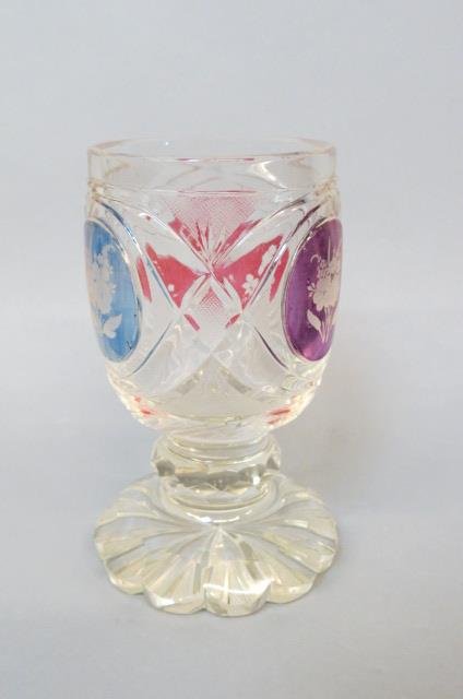 Bohemian Cut-to-Clear Chalice or Goblet,: a trio of colored cameos with flowers, heavy blank, pedestal base, 6.5", 19th century.
