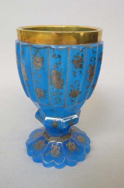 19th Century Bohemian Blue Glass Tumbler or: Chalice, enameled floral, ribbed, gold rim, 5".