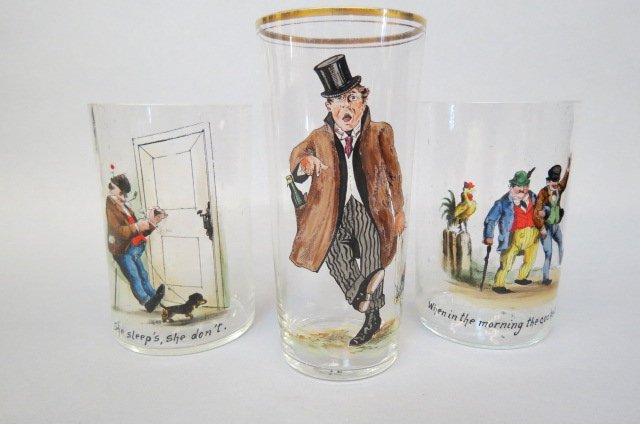 4 Enameled Glass Tumblers,: most 19th century, various scenes of drunkards, some with sayings, tallest is 6", a neat collection!