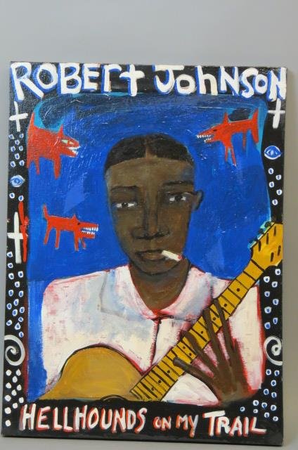 Sister Raya Folk Art Painting of Robert Johnson,: "Hellhounds on my Trail", on canvas, 18" x 24", New Orleans artist....Sister Raya is a self taught outsider folk artist who paints her culture and life around her. She has lived in New Orleans for a v
