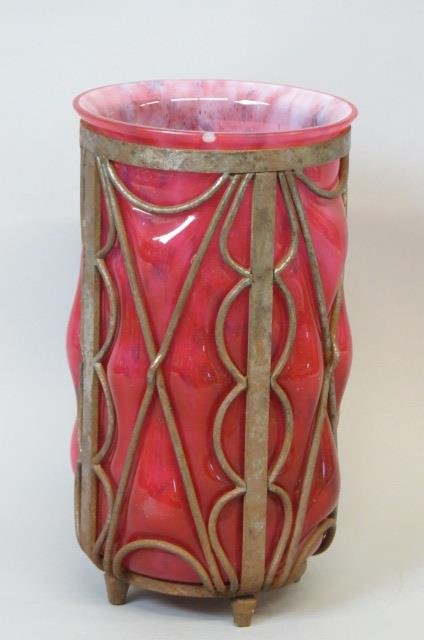 Daum & Majorelle Art Glass Vase,: mottled cranberry with opalescent cased interior, blown out to fit Majorelle metalwork, footed, 12.5" tall, rim chip.