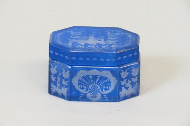 Bohemian Blue Cut-to-Clear Dresser Box,: castle, bird and foliage designs, 3" x 4.5".