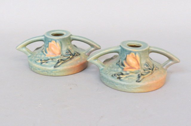 Pair of Roseville "Magnolia" Pottery Candleholders (1 of 2)