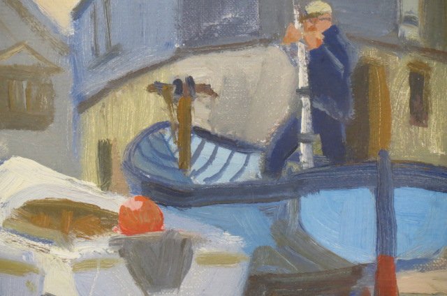 Caleb Stone Oil Painting of Boats in Boatyard,: well listed Rockport artist, representational-impressionist, image area 6" x 8"....Caleb Stone was born in the artist's colony of Rockport, Massachusetts where he began drawing at age four, painting a