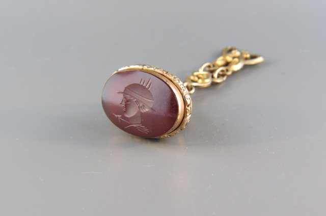 Victorian Gold Filled Watch Fob with Intaglio,: man's head in carnelian, 2.75" long.