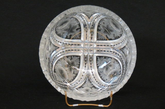 Pitkin & Brooks Cut Glass Bowl,: deep intaglio cut floral, marquise and triangular panels, 8" diameter, signed.