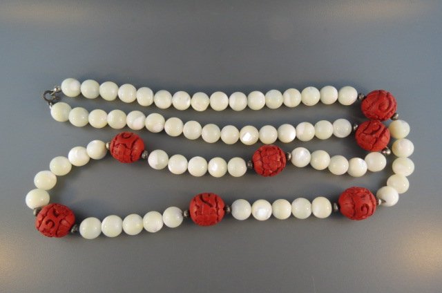 Chinese Carved Cinnabar and Abalone Necklace, (1 of 4)