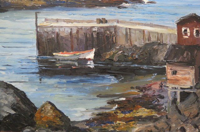 Kelsey Raymond Oil Painting of Boat & Boathouses, Dock, (1 of 4)