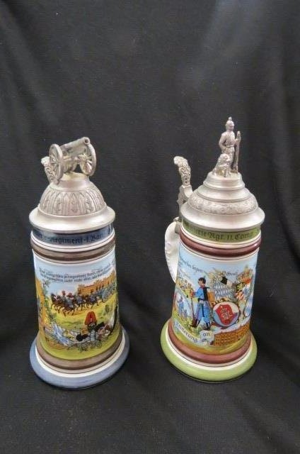 Pair of Regimental Porcelain Lithopane Steins,: post war, figural pewter tops, one with lithopane of a nude other a courting couple (cracks), both 10" tall.