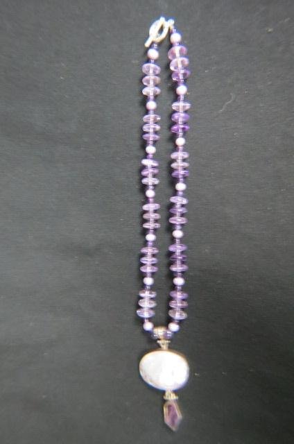 Amethyst, Pearl, and Abalone Necklace,: sterling trim, 24" long.