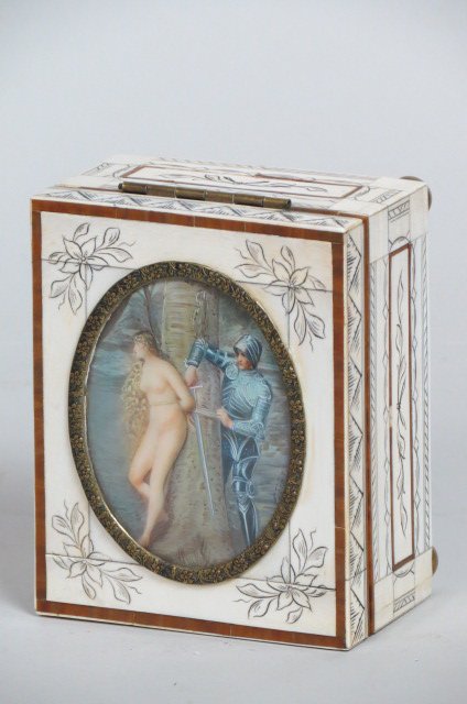 European Ivory Box with Miniature Painting,: young knight freeing a nude maiden that was tied to a tree, artist signed, 3.75"x4.75"x2.25".