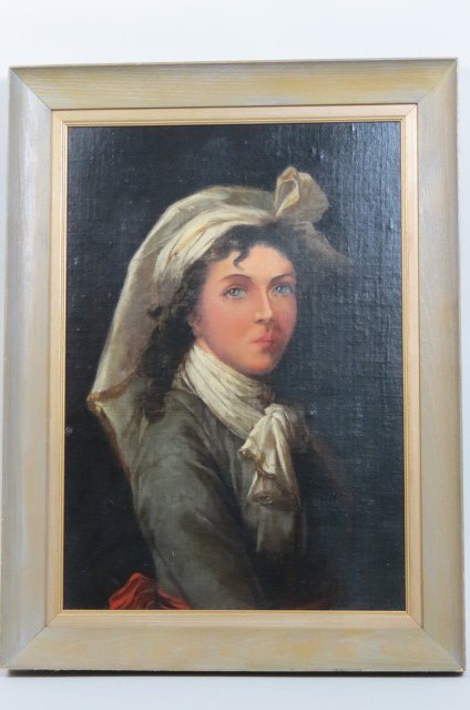 19th Century French Oil Painting of Young Lady,: canvas laid on later board, image area 23" x 16".