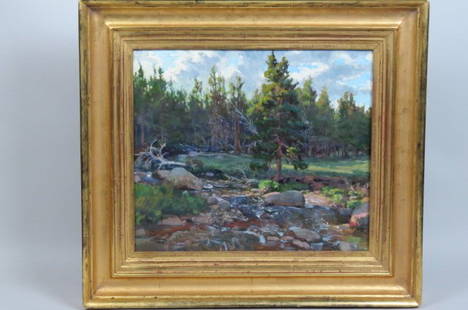 West Fraser, oil,: "Where I Caught a Brown", Big Horn Mountain, South Tongue River, on board, image area 14" x 16", well listed artist....Biography of West FraserWest Fraser was born in Savannah, GA in 1955. He is a tru