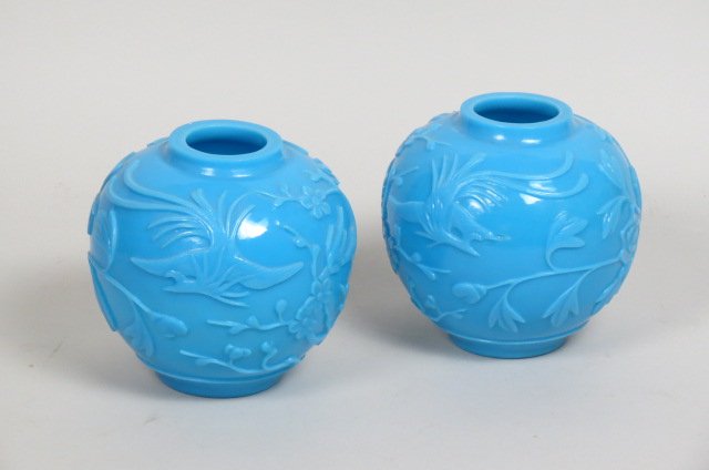 Pair of Chinese Peking Glass Vases,: cameo cut florals, drilled for lamps, unusual to find in blue, 6.75".