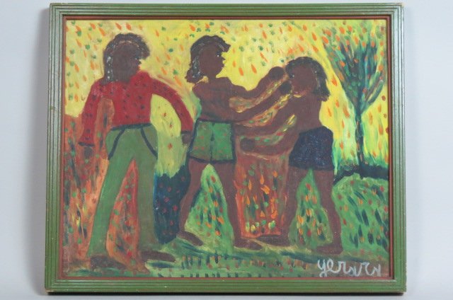 Outsider or Folk Art Painting,: young boxers, signed, image area 19" x 23", framed.