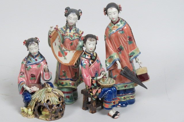 4 Chinese Pottery Figurines of Young Ladies,: very fine detail, signed, tallest is 12".