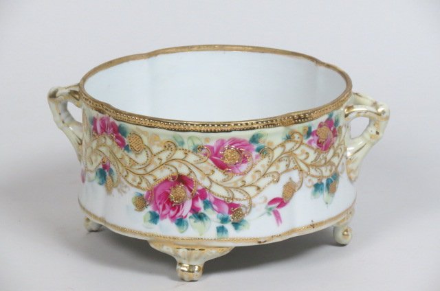 Nippon Hnadpainted Porcelain Planter,: handled footed, floral and gold, 9.5" diameter, 4.5" tall, signed.