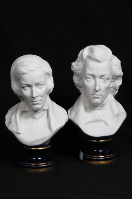 Pair of Limoges Porcelain Busts,: Schumann and Chopin, parian with cobalt pedestal bases, 10", excellent.